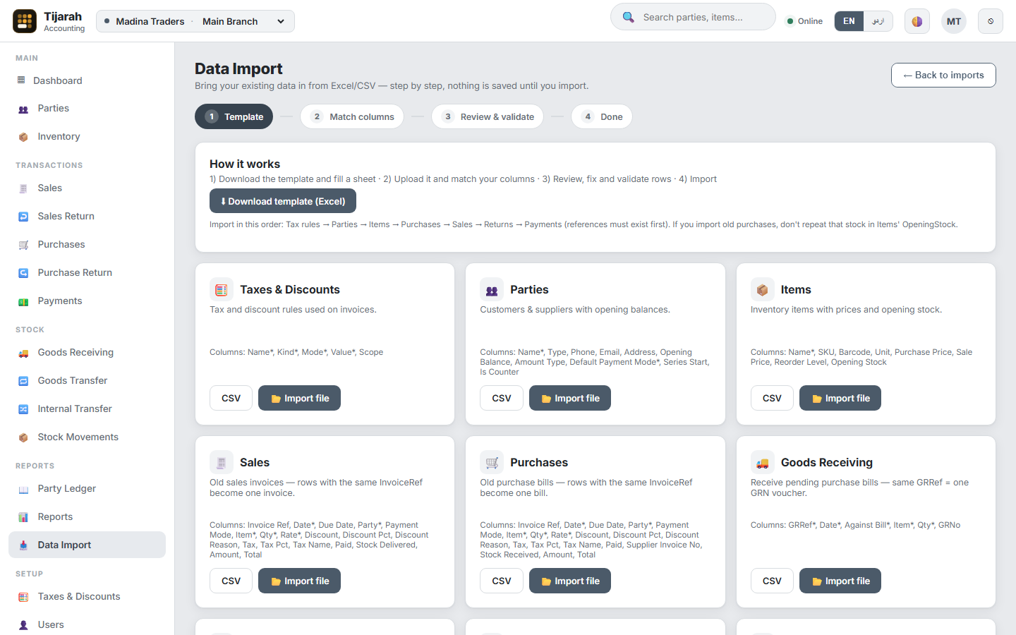 Data import: download template, match columns, review and import