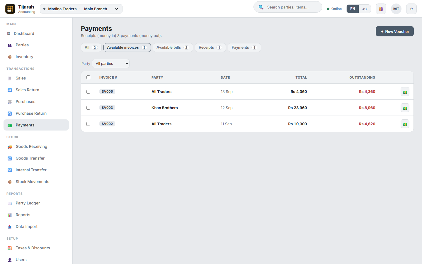 Payments worklist listing open invoices with outstanding amounts